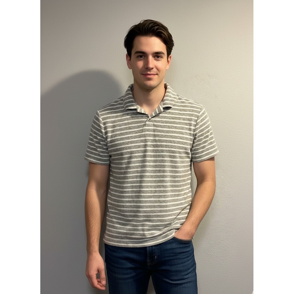 Reiss Palm Polo Shirt Mens Small Gray Cotton Towelling Striped Cuban Collar Golf